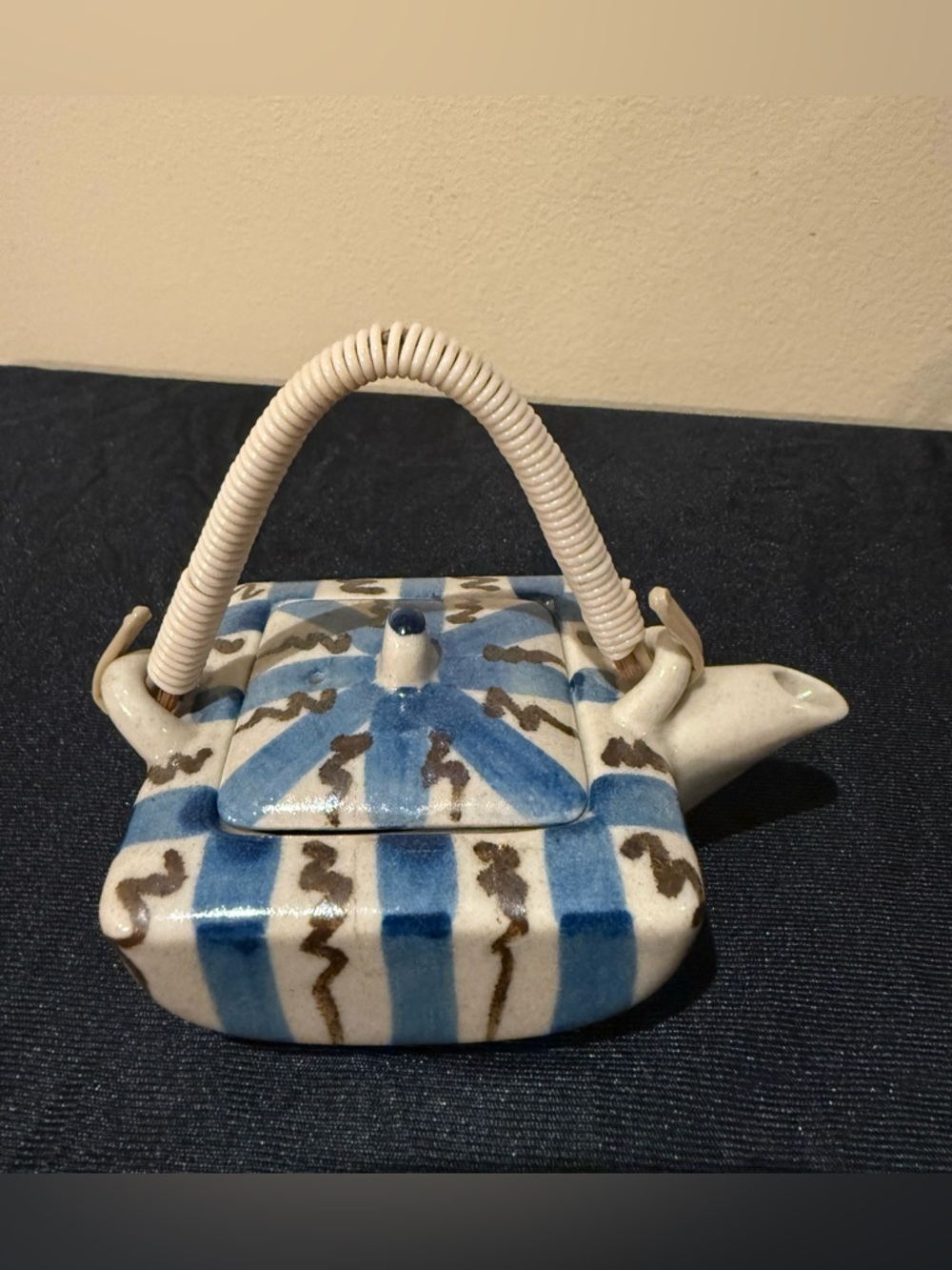 Vintage Hand-Painted Mini Ceramic Japanese Teapot with Traditional Swing Handle